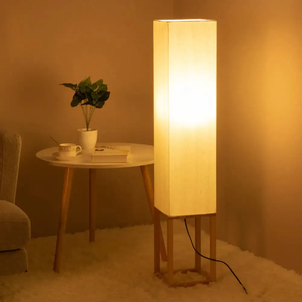 1-Bulb Asian Style Floor Reading Light with Wood Panel Shade in Beige Rectangular Stand Up Design