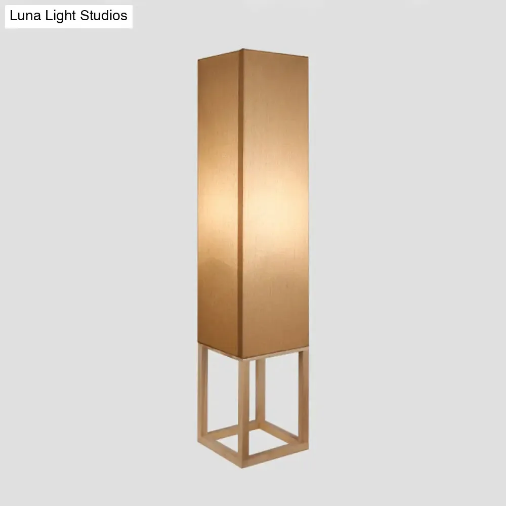 1-Bulb Asian Style Floor Reading Light with Wood Panel Shade in Beige Rectangular Stand Up Design