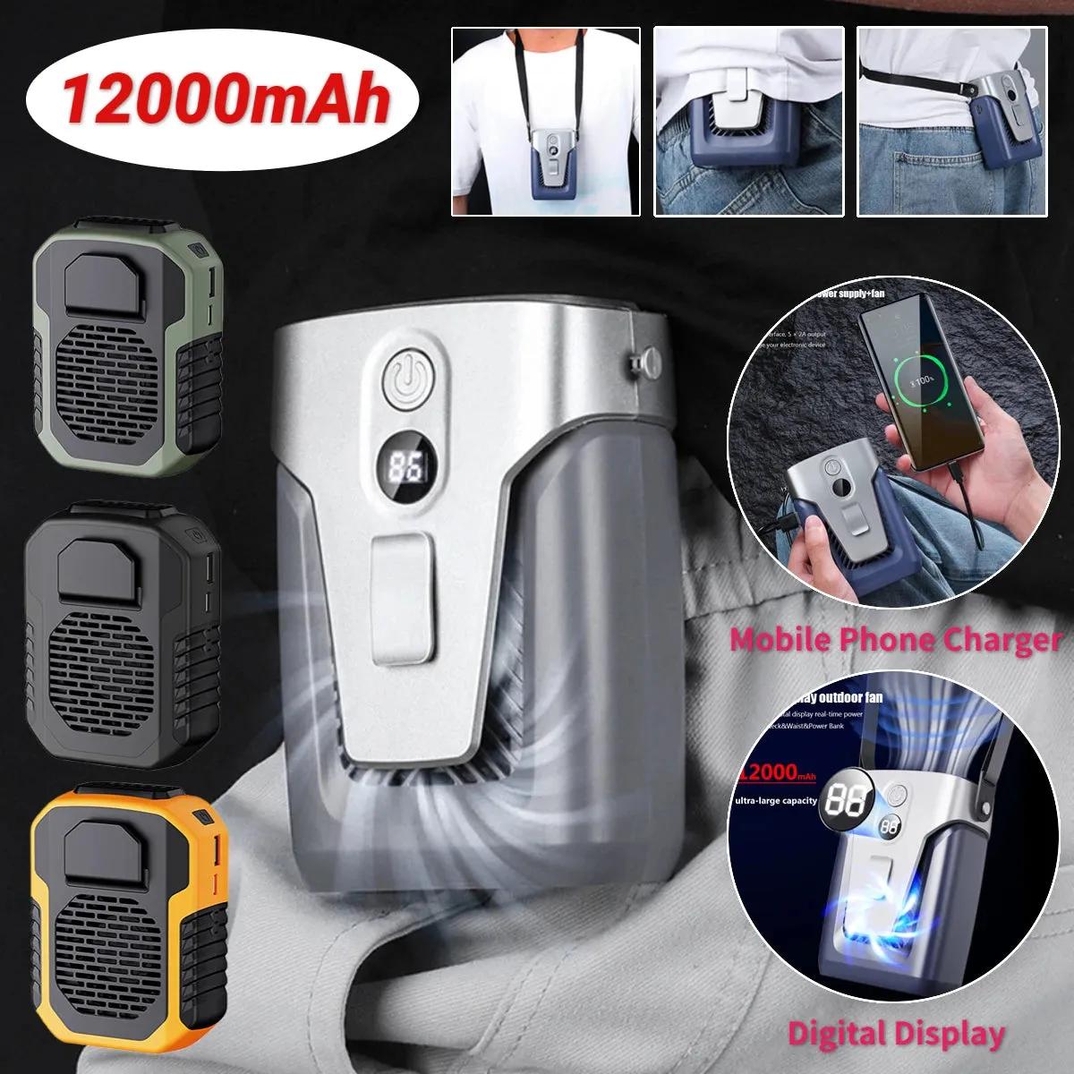 12000mAh Portable Waist Fan USB Rechargeable Air Conditioner 3-Gear Mute Hanging Neck Fans Outdoor Sports Mini Waist Clip On Fan