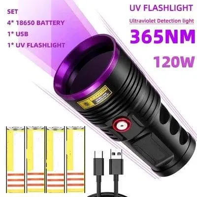 120W UV Flashlight Rechargeable Waterproof 18650 Purple Light Blacklights UltraViolet Light Torch For Pet Urine Stains Detector