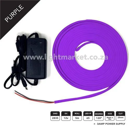 12v 6mm Neon LED Strip Light Purple 5m With AC Adaptor