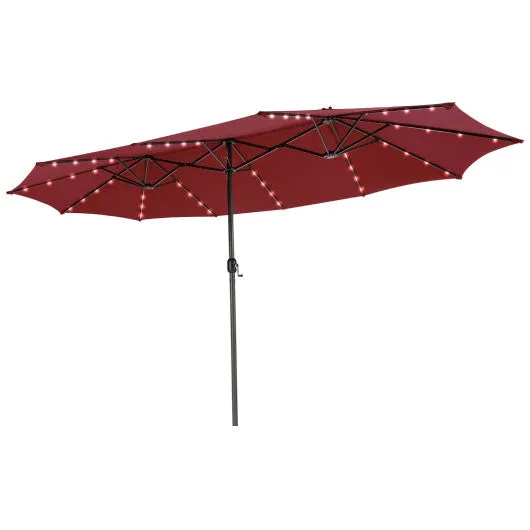 15 Ft Patio LED Crank Solar Powered 36 Lights  Umbrella without Weight Base-Dark Red