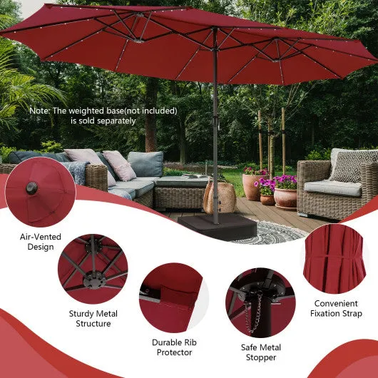 15 Ft Patio LED Crank Solar Powered 36 Lights  Umbrella without Weight Base-Dark Red