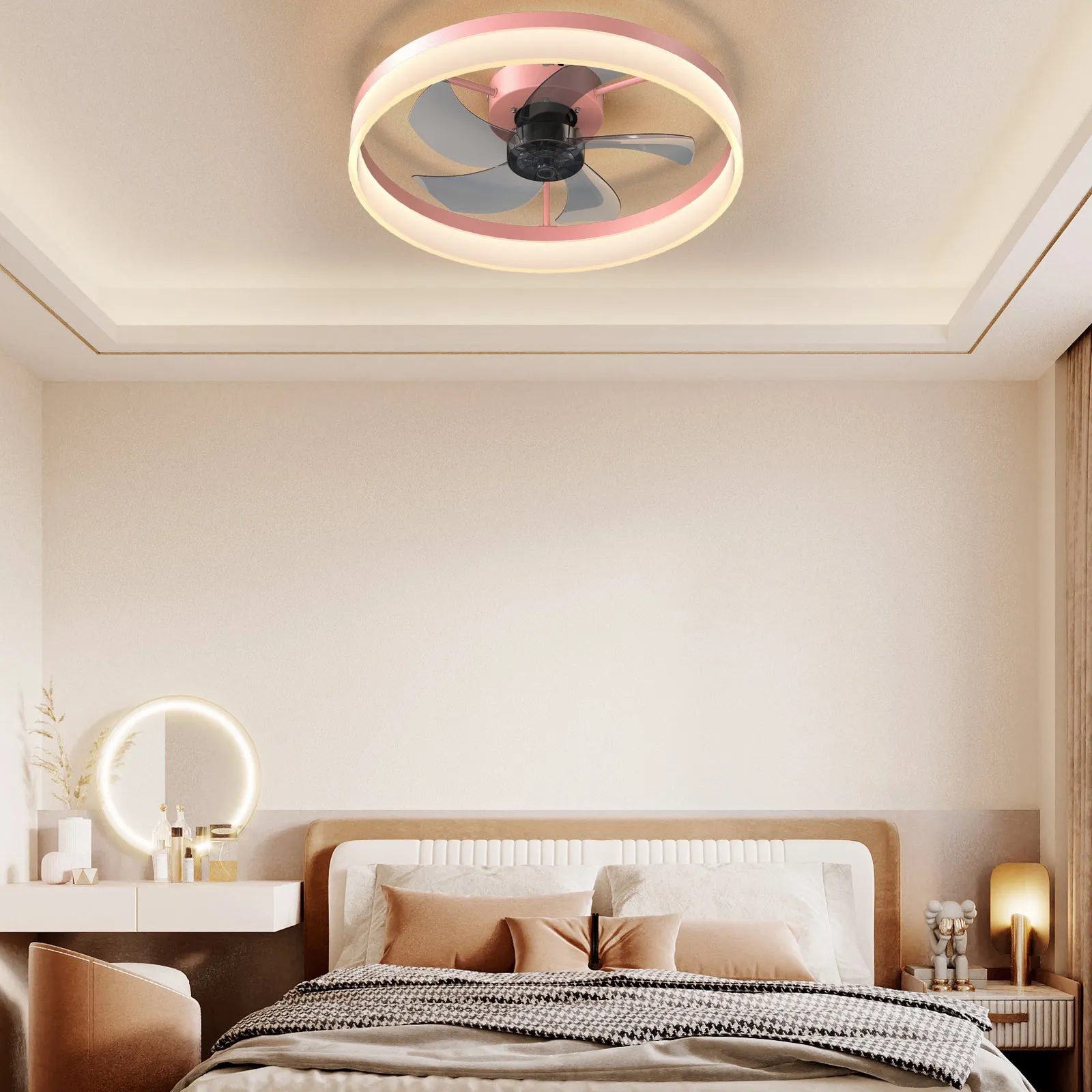 19.7" Simple LED Ring Chandelier Fan Modern Recessed Ceiling Light Chandelier Pink Ceiling Fan Light