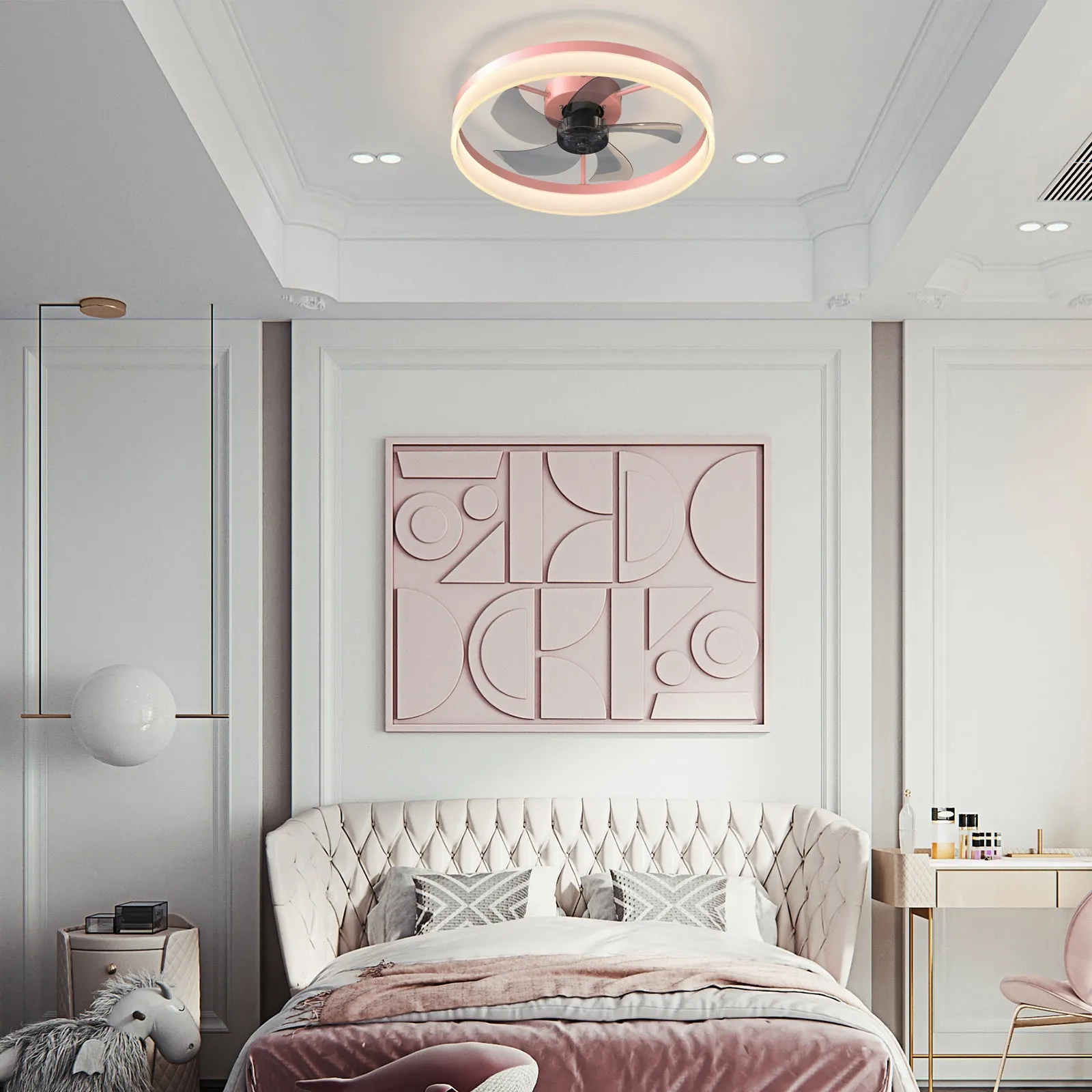 19.7" Simple LED Ring Chandelier Fan Modern Recessed Ceiling Light Chandelier Pink Ceiling Fan Light