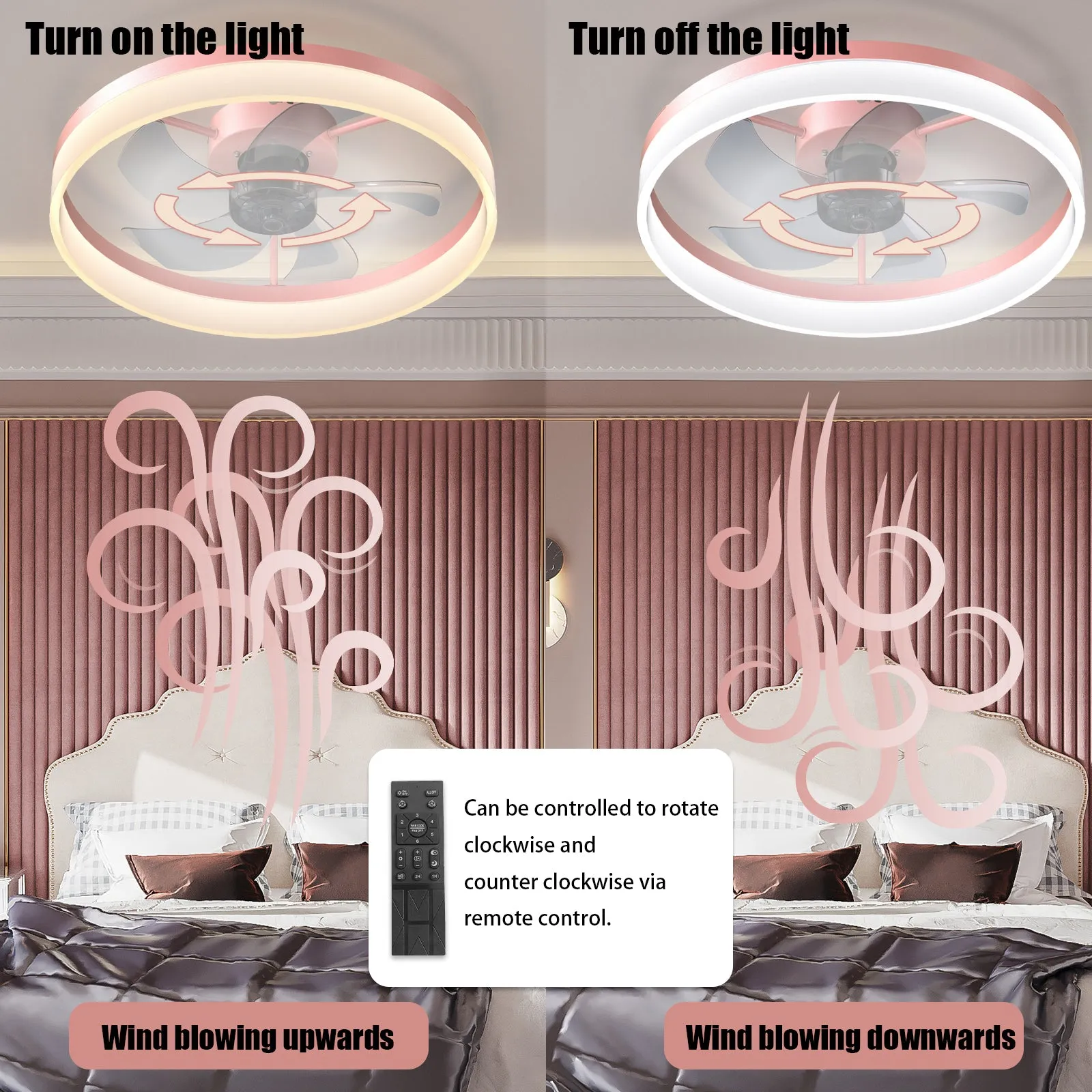 19.7" Simple LED Ring Chandelier Fan Modern Recessed Ceiling Light Chandelier Pink Ceiling Fan Light