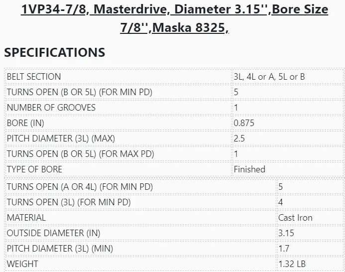 1VP34-7/8,Masterdrive,Dia 3.15'',Bore 7/8'',Variable Pitch Adjustable,