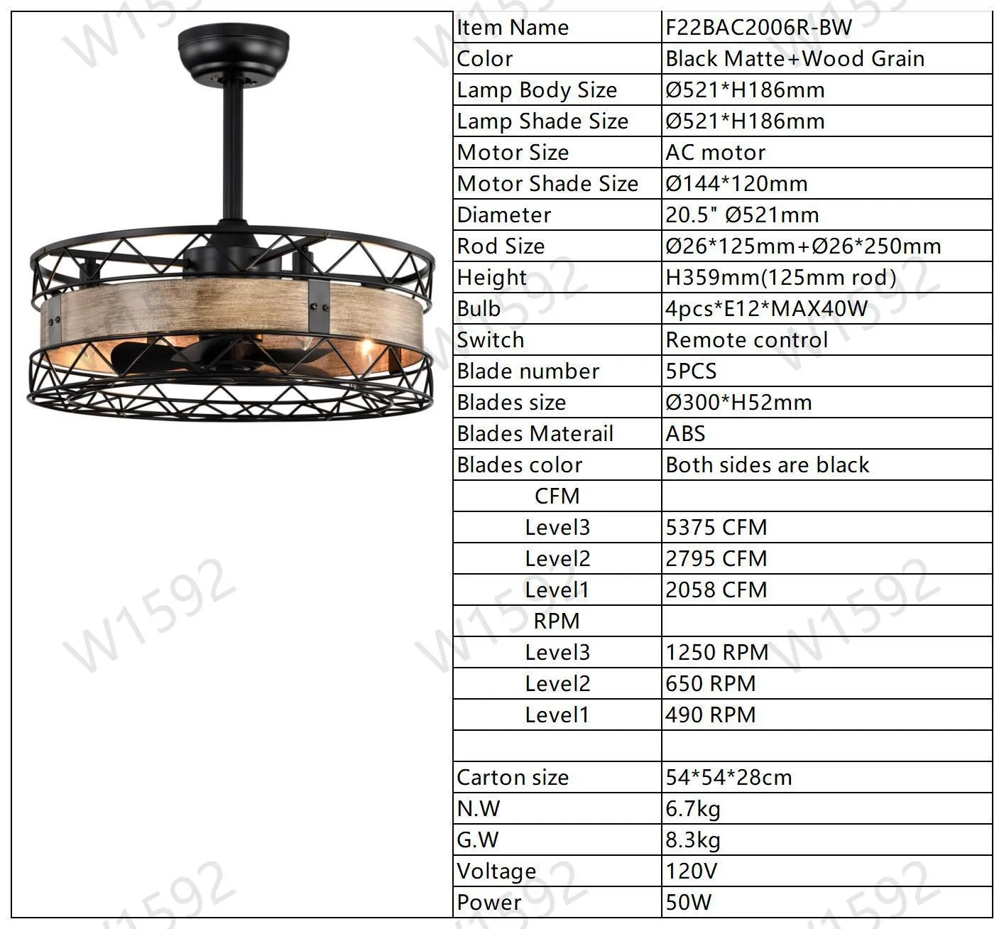 20.5" Caged Ceiling Fan 5 ABS Blades with  Remote Control,Timer, 3 Speeds Indoor Ceiling Fan for (No include Bulbs)