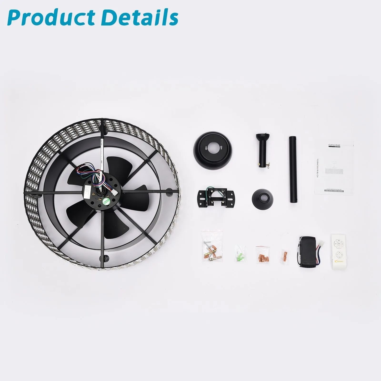 20.67" Crystal Ceiling Fan AC Motor, Black Enclosed Ceiling Fan with Light and Remote, Reversible 3 Speeds, 1/2/4 Timing (No Bulbs Included)--Matte Black