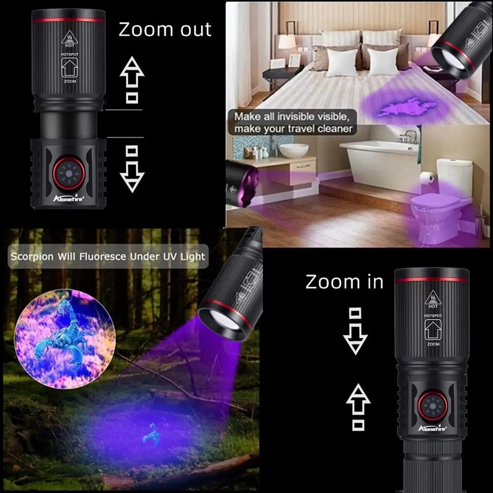 20W High Power Zoom UV LED Flashlight 365 395nm Invisible Ink Marker Cat Dog Urine Tinea Ore Money Scorpion Fluorescence Light