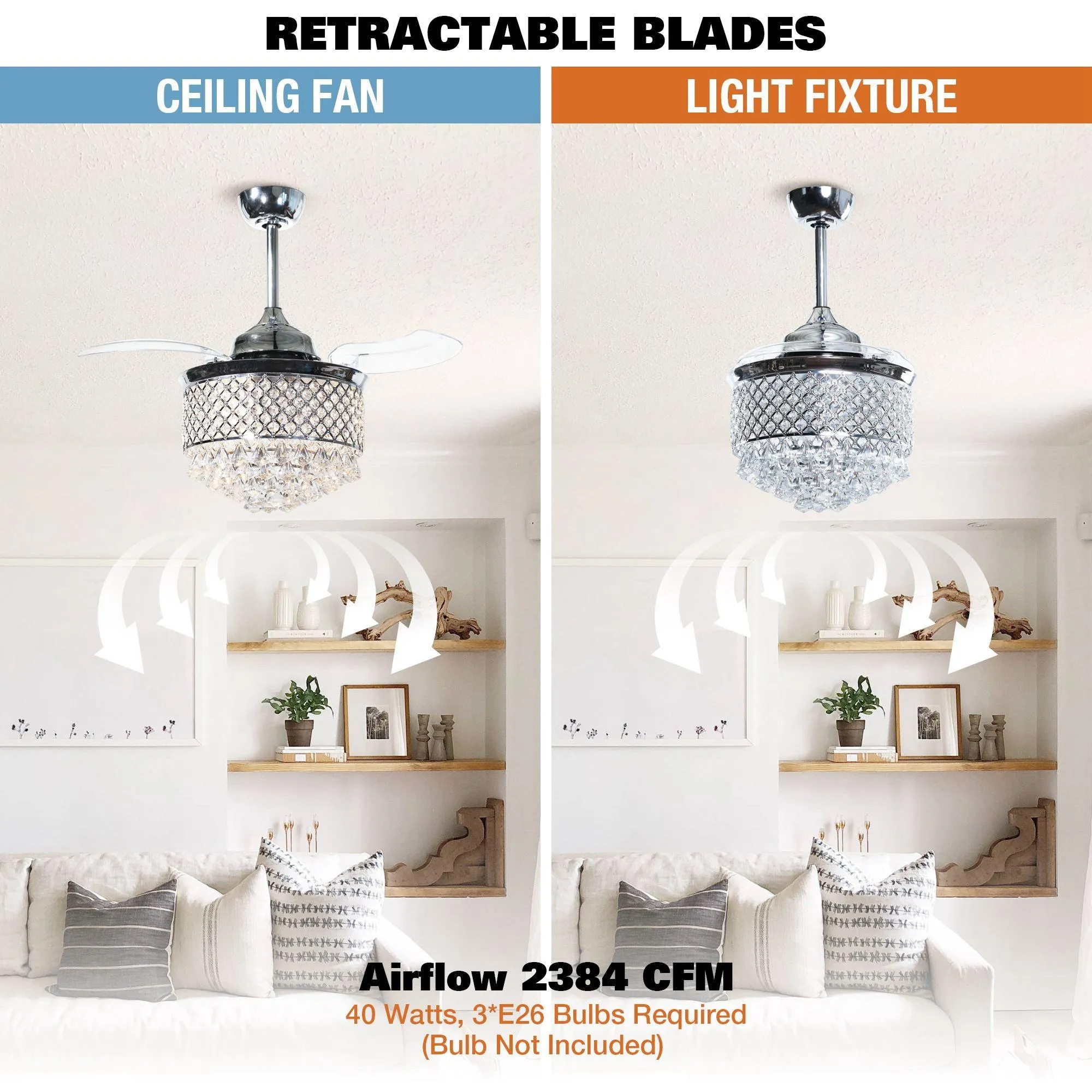 36" Madurai Modern Chrome Downrod Mount Crystal Ceiling Fan with Lighting and Remote Control