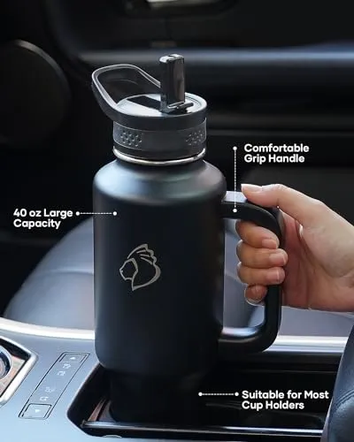 40oz Insulated Water Bottle Fits in Any Car Cup Holders, BUZIO 40oz Double Wall Insulated Tumbler with Handle and Straw, Leakproof Travel Tumbler Mug, Keeps Cold for 48 Hrs, Hot for 24 Hrs, Black