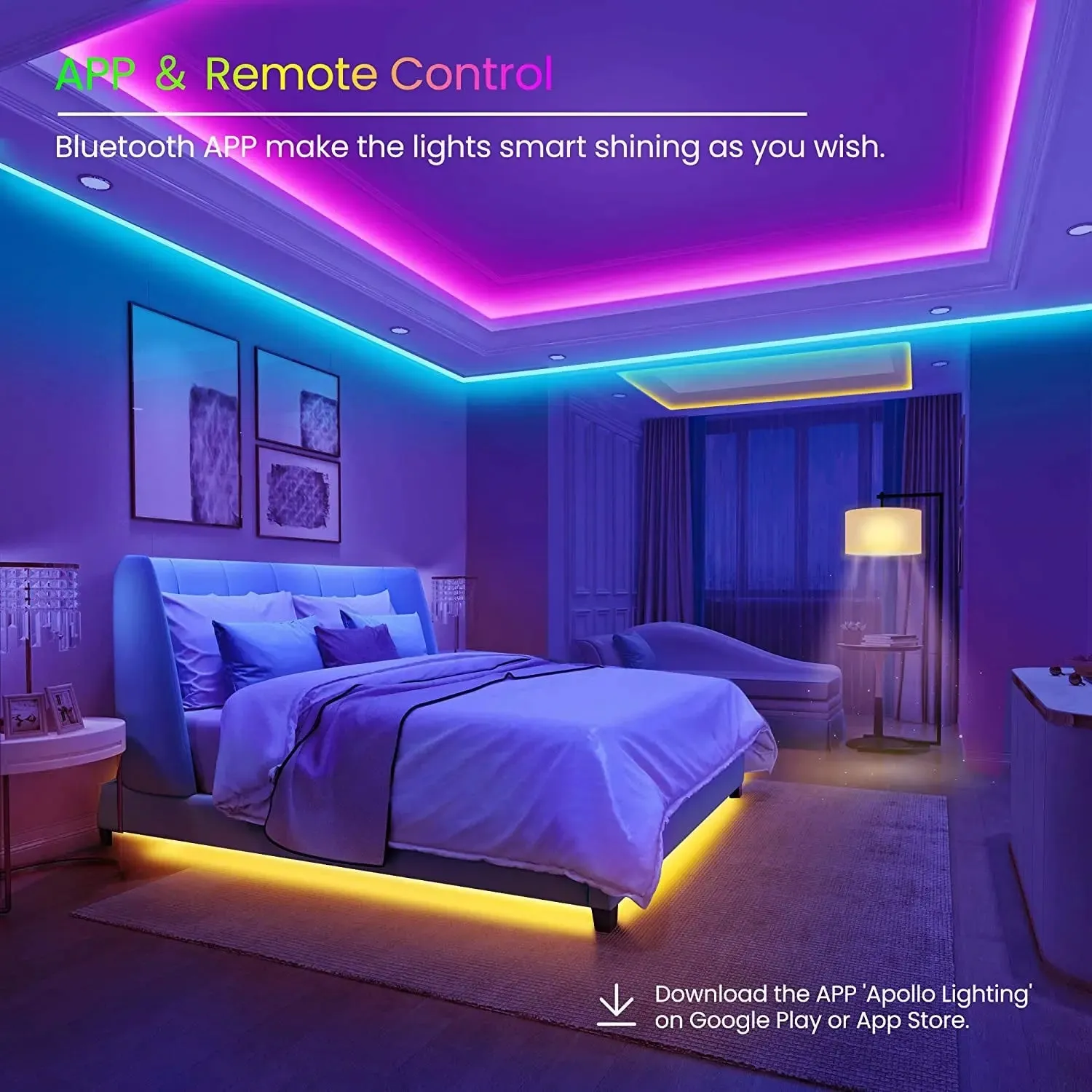 50 FT LED Strip Lights,Bluetooth LED Lights for Bedroom, Color Changing Light Strip with Music Sync, Phone Controller and IR Remote(App Remote  Mic).