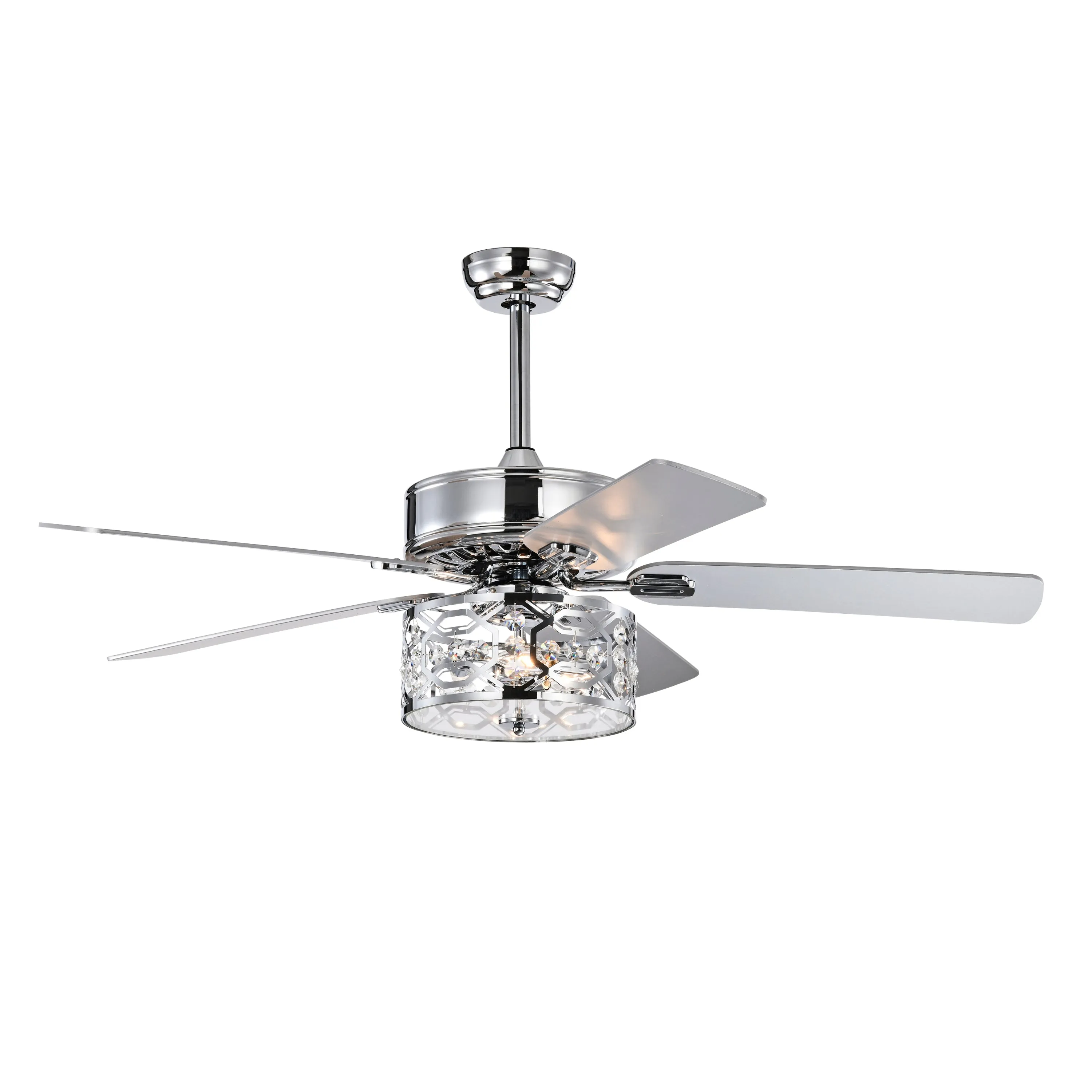 52" Crystal Chandelier Fan  Dual Finish Reversible Blades, Fandelier, Chrome