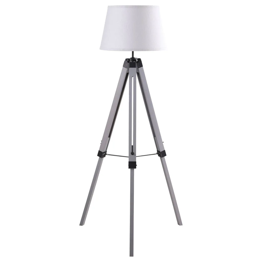 56 Inch Floor Lamp, White Tapered Drum Shade, Weathered Gray Tripod Base By Casagear Home