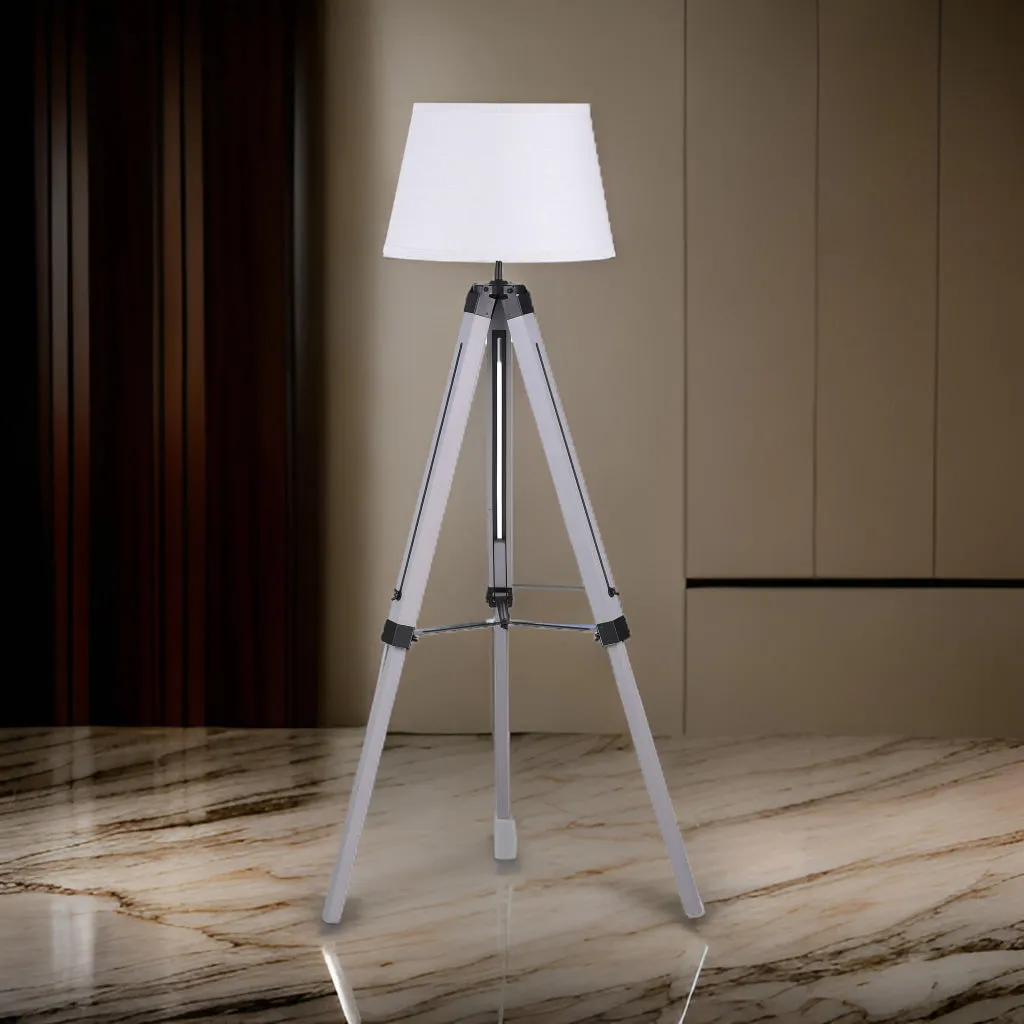 56 Inch Floor Lamp, White Tapered Drum Shade, Weathered Gray Tripod Base By Casagear Home