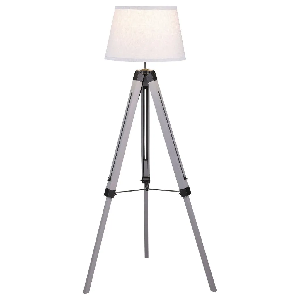 56 Inch Floor Lamp, White Tapered Drum Shade, Weathered Gray Tripod Base By Casagear Home