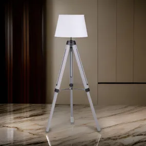 56 Inch Floor Lamp, White Tapered Drum Shade, Weathered Gray Tripod Base By Casagear Home