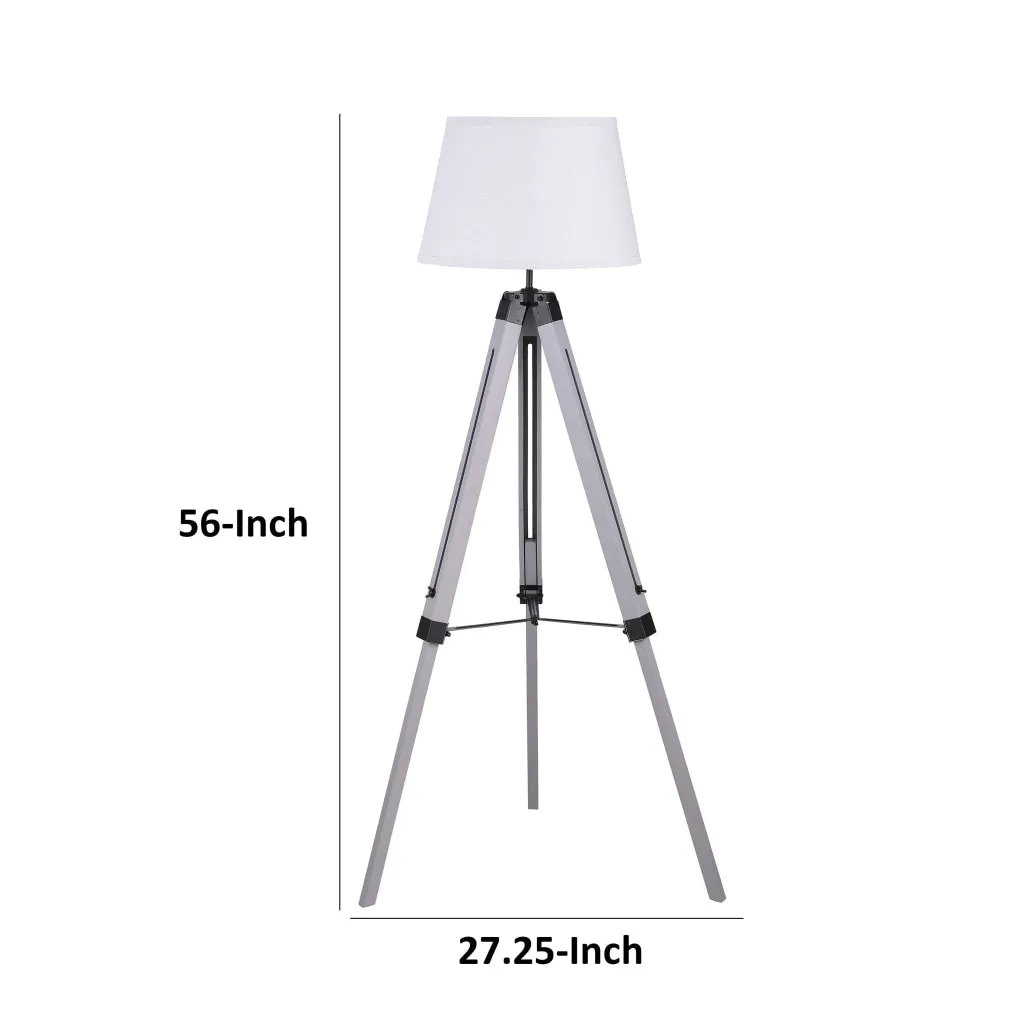 56 Inch Floor Lamp, White Tapered Drum Shade, Weathered Gray Tripod Base By Casagear Home