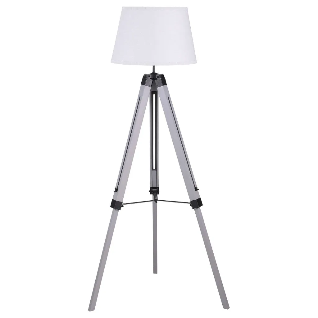 56 Inch Floor Lamp, White Tapered Drum Shade, Weathered Gray Tripod Base By Casagear Home