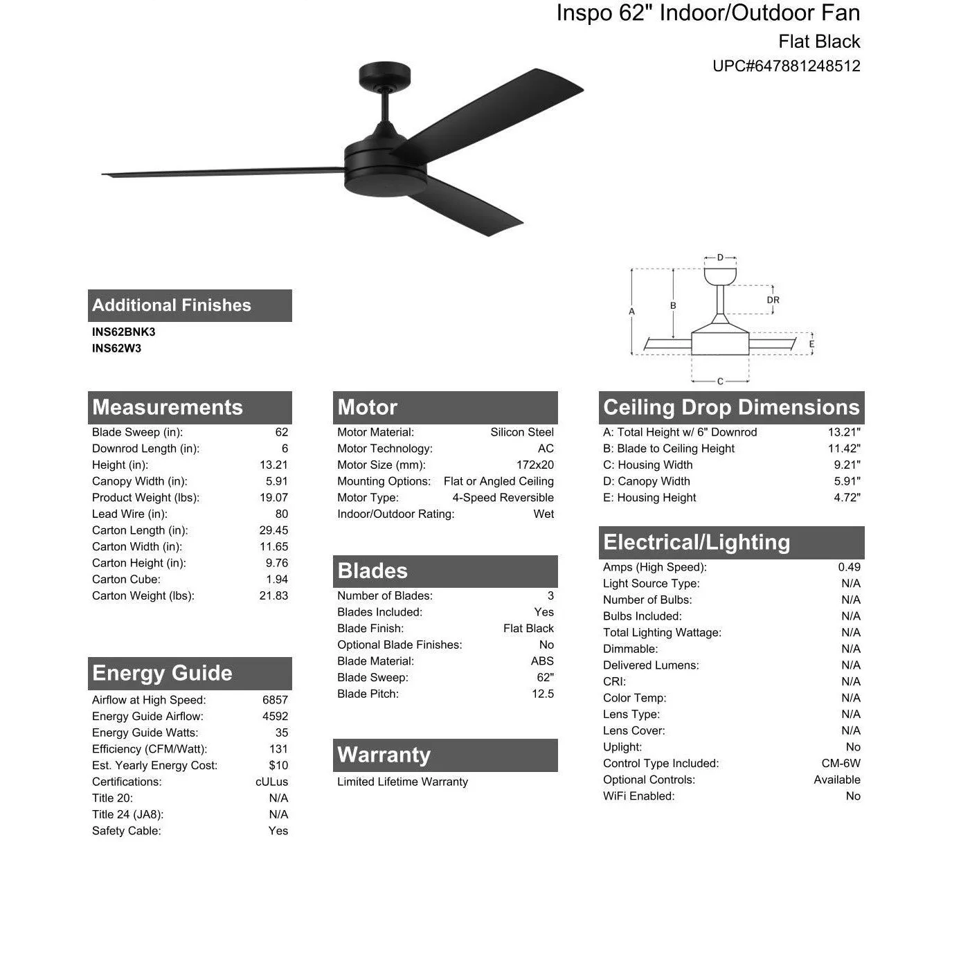 62" Inspo Indoor/Outdoor (Wet) in Flat Black w/ Flat Black Blades