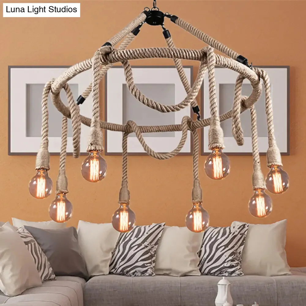 Adjustable Rope Chandelier Pendant Light - Farmhouse Multi Light Bar Ceiling Fixture in Beige