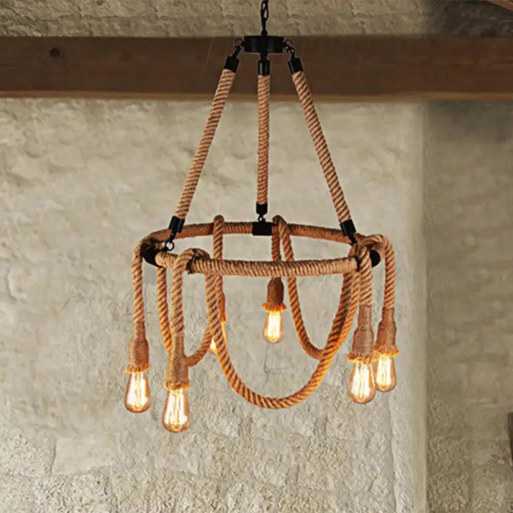 Adjustable Rope Chandelier Pendant Light - Farmhouse Multi Light Bar Ceiling Fixture in Beige