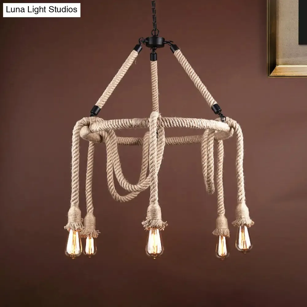 Adjustable Rope Chandelier Pendant Light - Farmhouse Multi Light Bar Ceiling Fixture in Beige