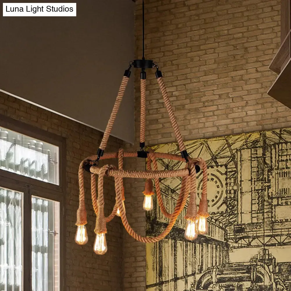 Adjustable Rope Chandelier Pendant Light - Farmhouse Multi Light Bar Ceiling Fixture in Beige