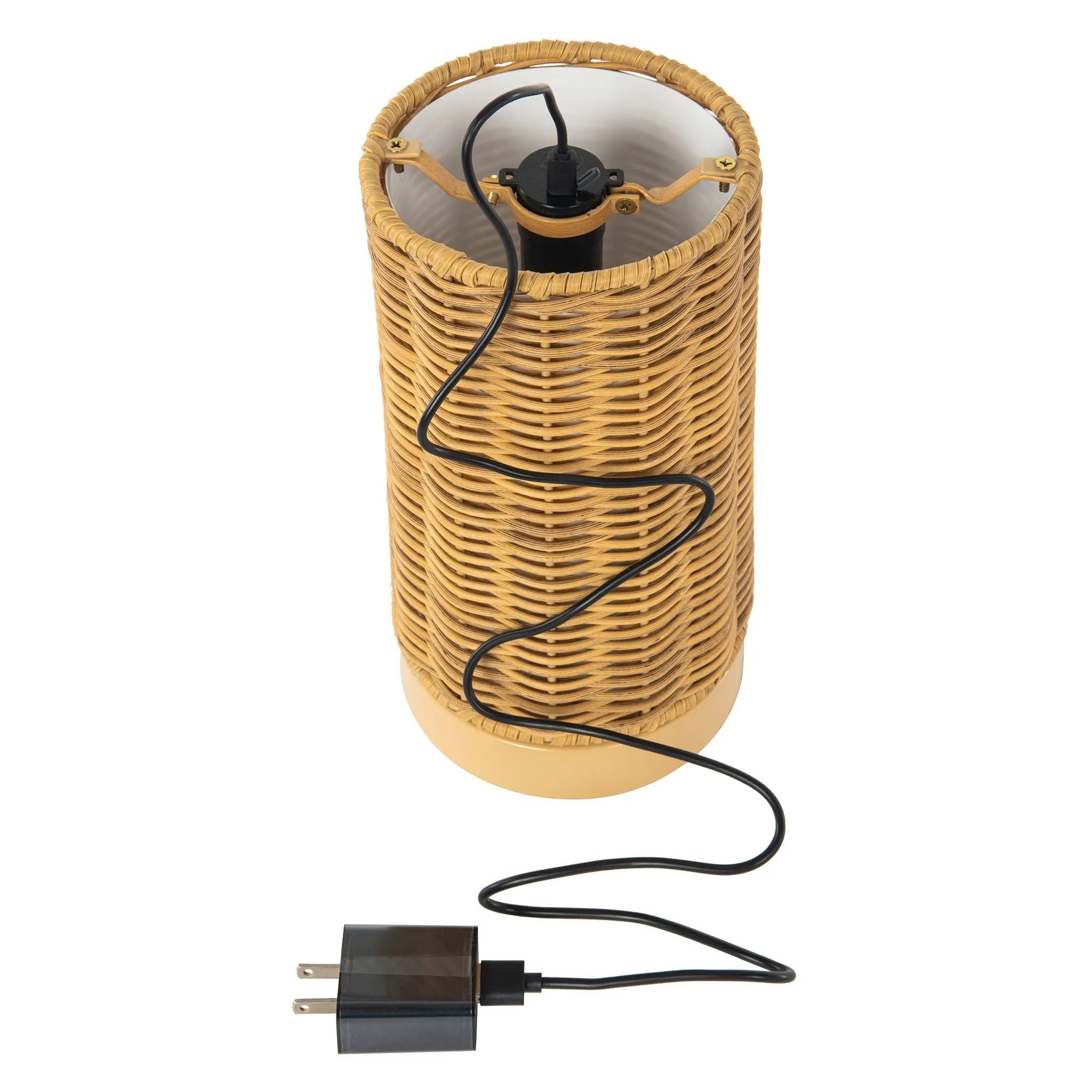 All Weather Wicker Indoor/Outdoor Rechargeable LED Drum Table Lamp, Natural Color