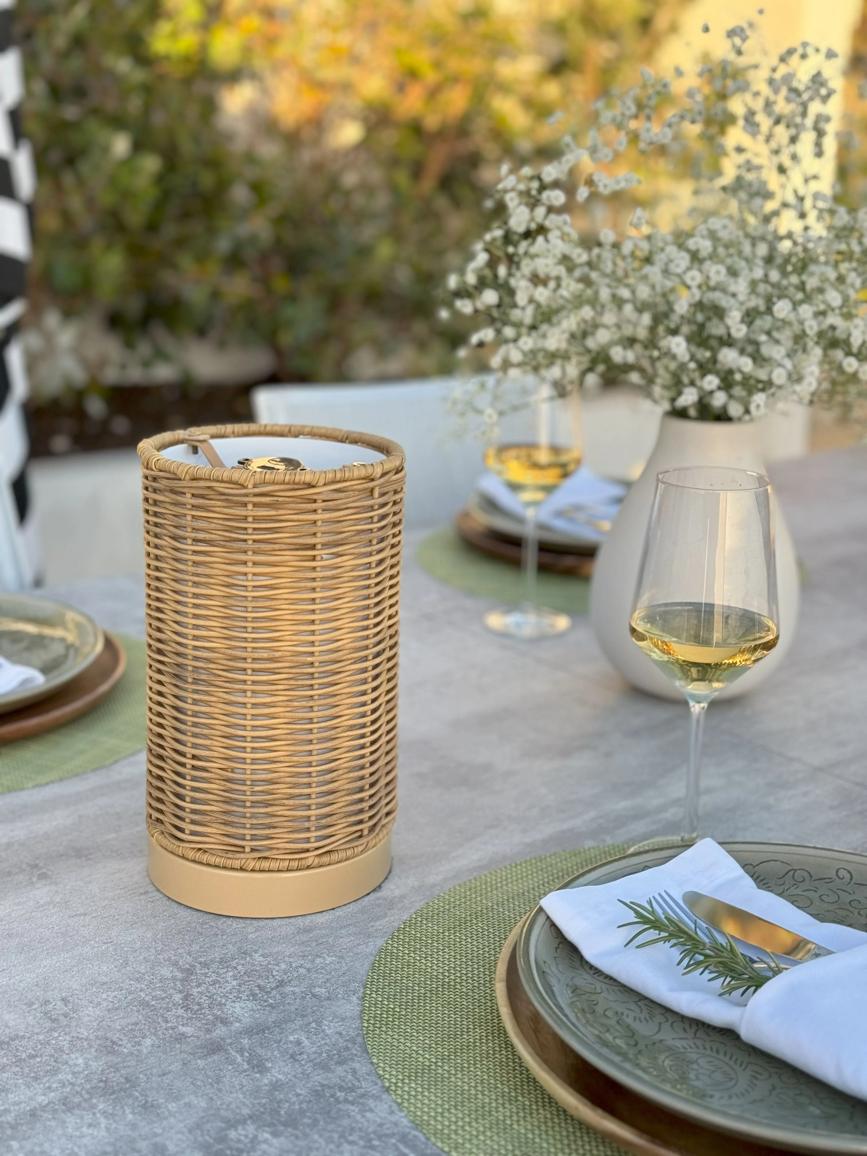 All Weather Wicker Indoor/Outdoor Rechargeable LED Drum Table Lamp, Natural Color