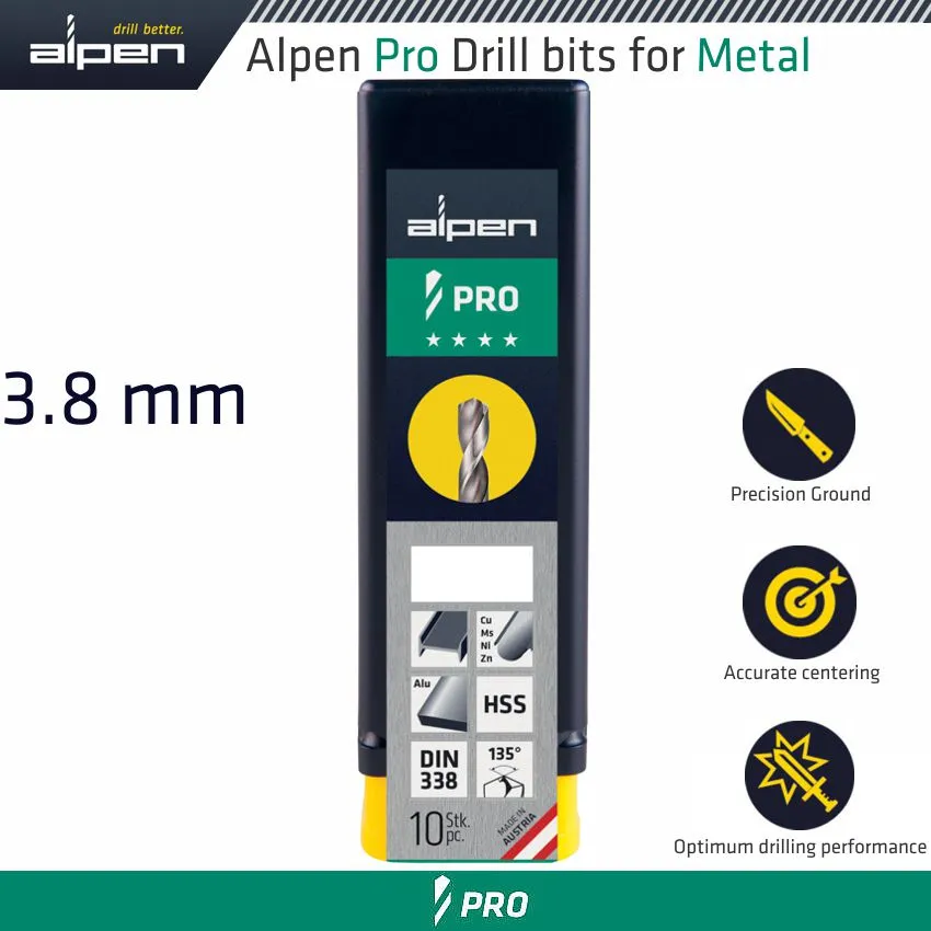 ALPEN ALPEN PRO 3.8 MM HSS DRILLl DIN 338 RN 135 WITH SPLIT POINT BULK ALP9540038