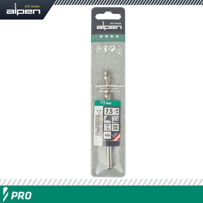 ALPEN ALPEN PRO HSS 7.5MM DRILL DIN 338 RN 135 SPLIT POINT PLASTIC WALLET ALP1840075