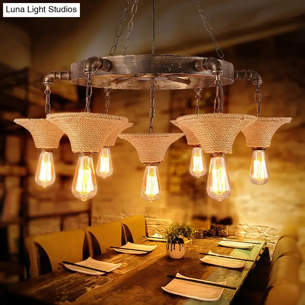 Antique Bronze Rope Chandelier Pendant Light with Cone Shade - Rustic Dining Room Ceiling Lamp, 7/9 Bulb