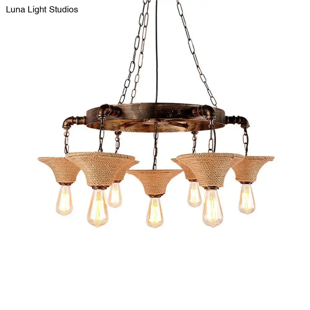 Antique Bronze Rope Chandelier Pendant Light with Cone Shade - Rustic Dining Room Ceiling Lamp, 7/9 Bulb