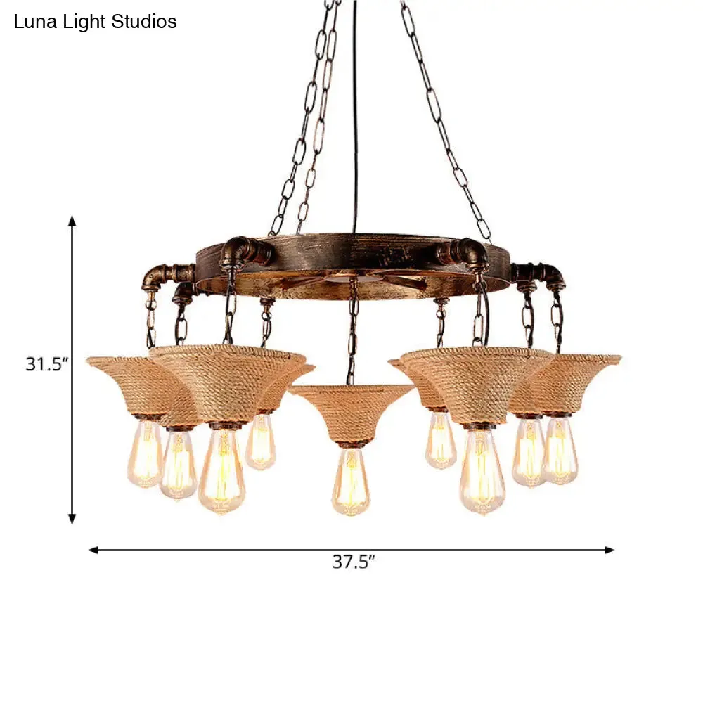 Antique Bronze Rope Chandelier Pendant Light with Cone Shade - Rustic Dining Room Ceiling Lamp, 7/9 Bulb