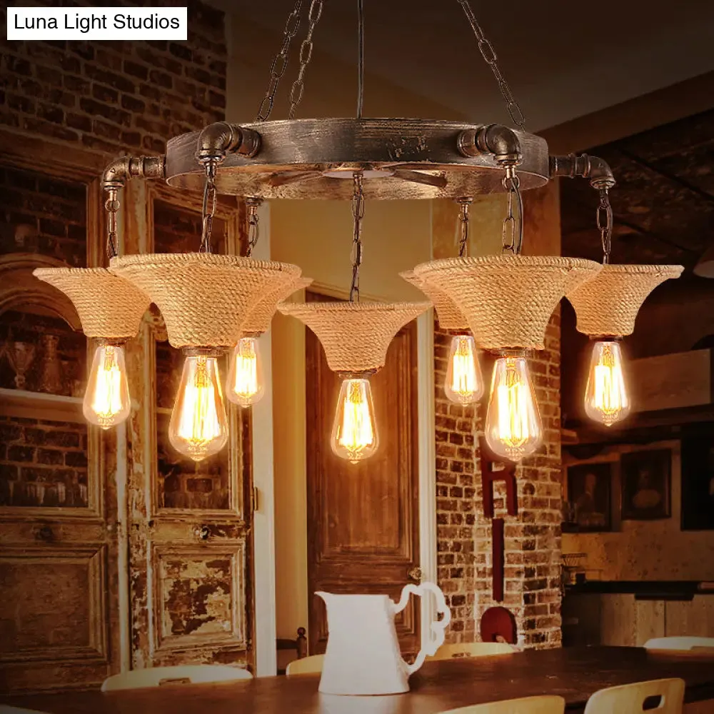 Antique Bronze Rope Chandelier Pendant Light with Cone Shade - Rustic Dining Room Ceiling Lamp, 7/9 Bulb