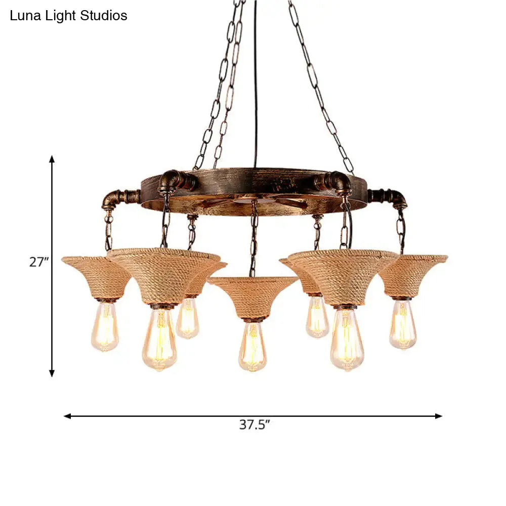 Antique Bronze Rope Chandelier Pendant Light with Cone Shade - Rustic Dining Room Ceiling Lamp, 7/9 Bulb