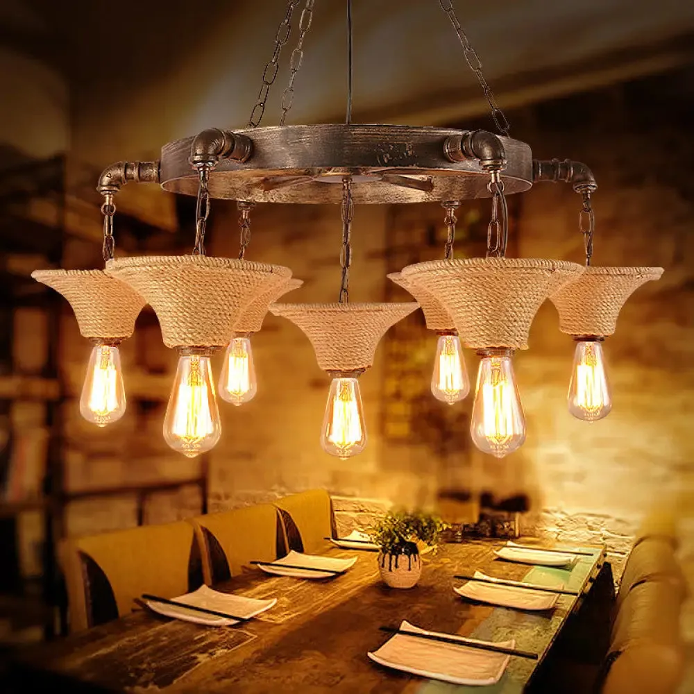 Antique Bronze Rope Chandelier Pendant Light with Cone Shade - Rustic Dining Room Ceiling Lamp, 7/9 Bulb