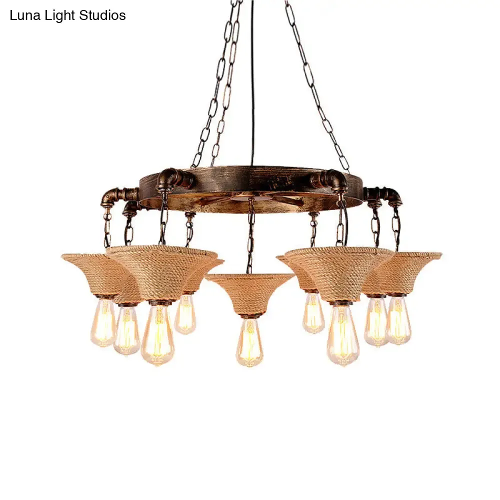 Antique Bronze Rope Chandelier Pendant Light with Cone Shade - Rustic Dining Room Ceiling Lamp, 7/9 Bulb