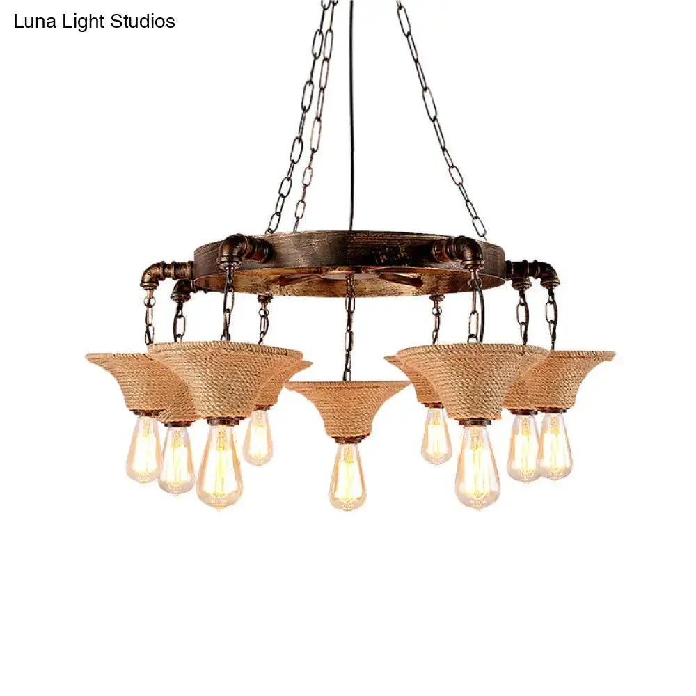 Antique Bronze Rope Chandelier Pendant Light with Cone Shade - Rustic Dining Room Ceiling Lamp, 7/9 Bulb