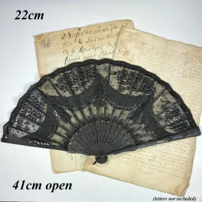 Antique French Hand Fan, c.1905, 22cm Wood and Sequined Lace Netting EC