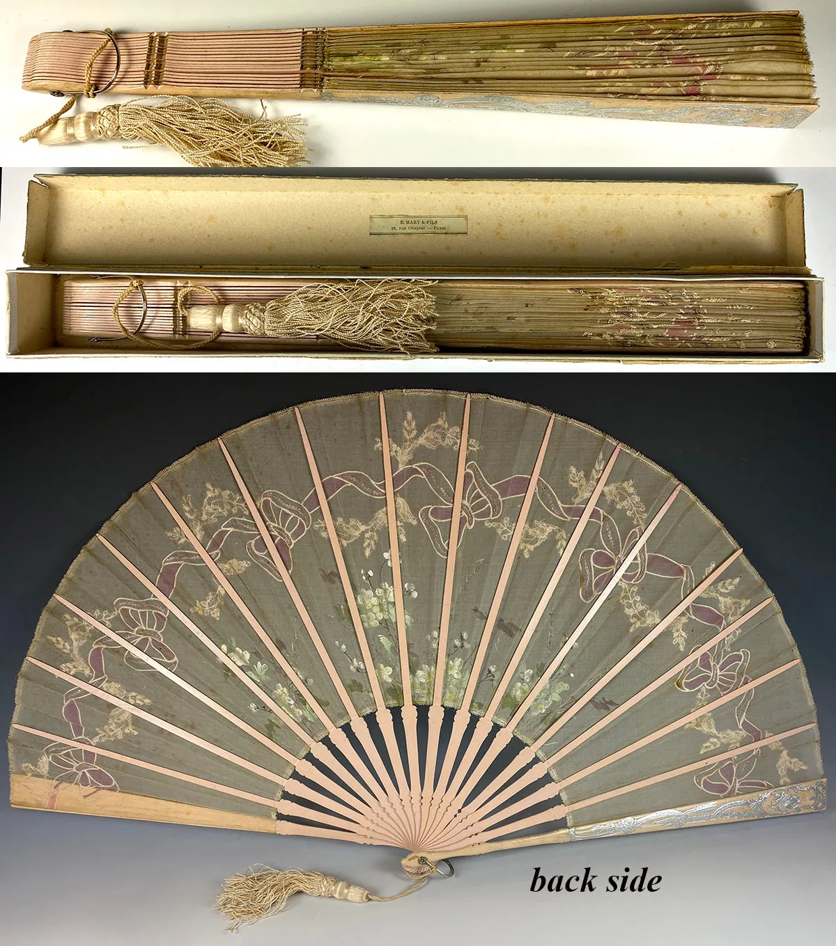 Antique French Painted Embroidered Silk Fan, 35.5 cm Wood Guards, Silver Embossed, Lace Inset & Sequins