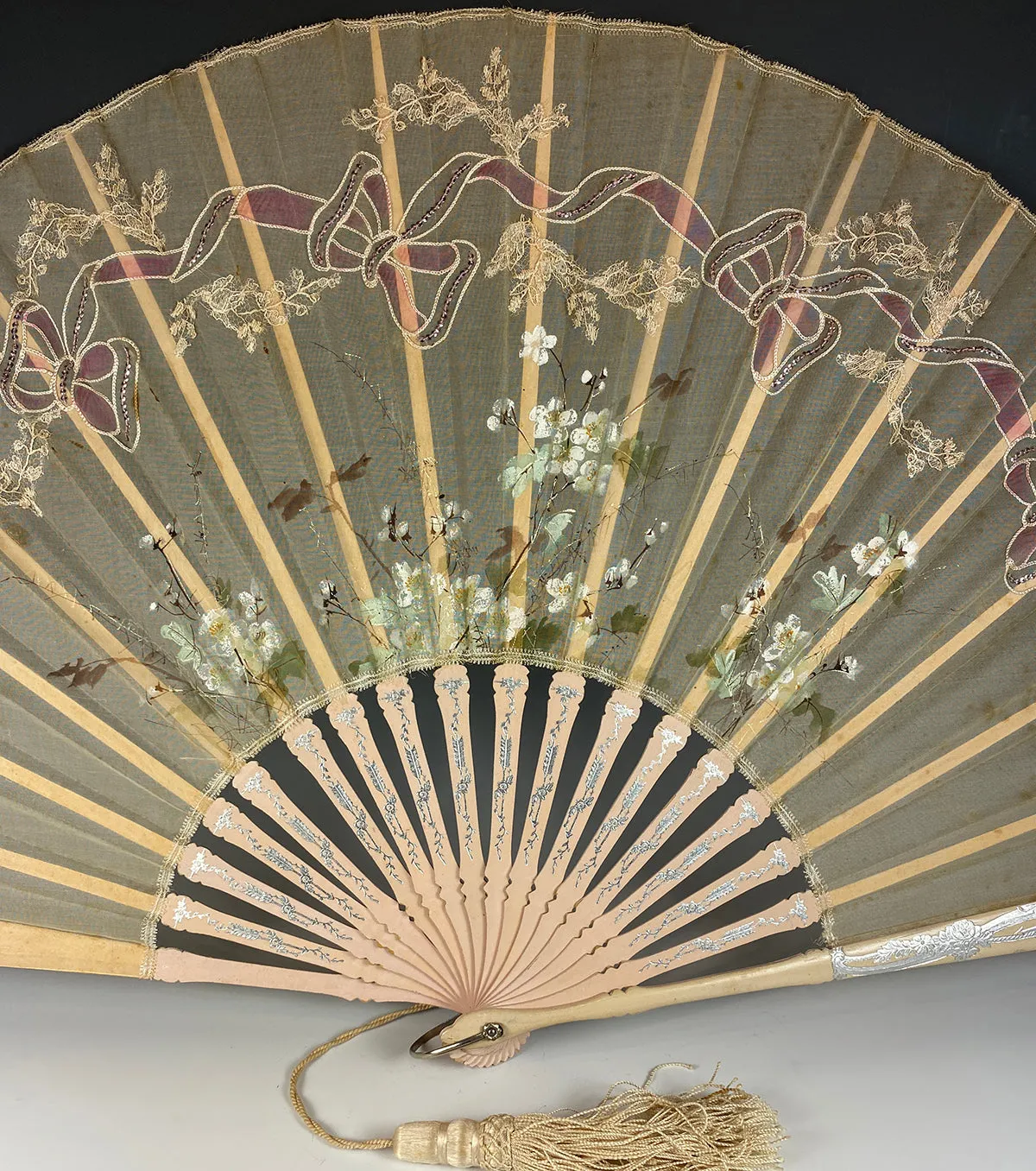 Antique French Painted Embroidered Silk Fan, 35.5 cm Wood Guards, Silver Embossed, Lace Inset & Sequins