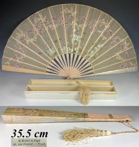 Antique French Painted Embroidered Silk Fan, 35.5 cm Wood Guards, Silver Embossed, Lace Inset & Sequins