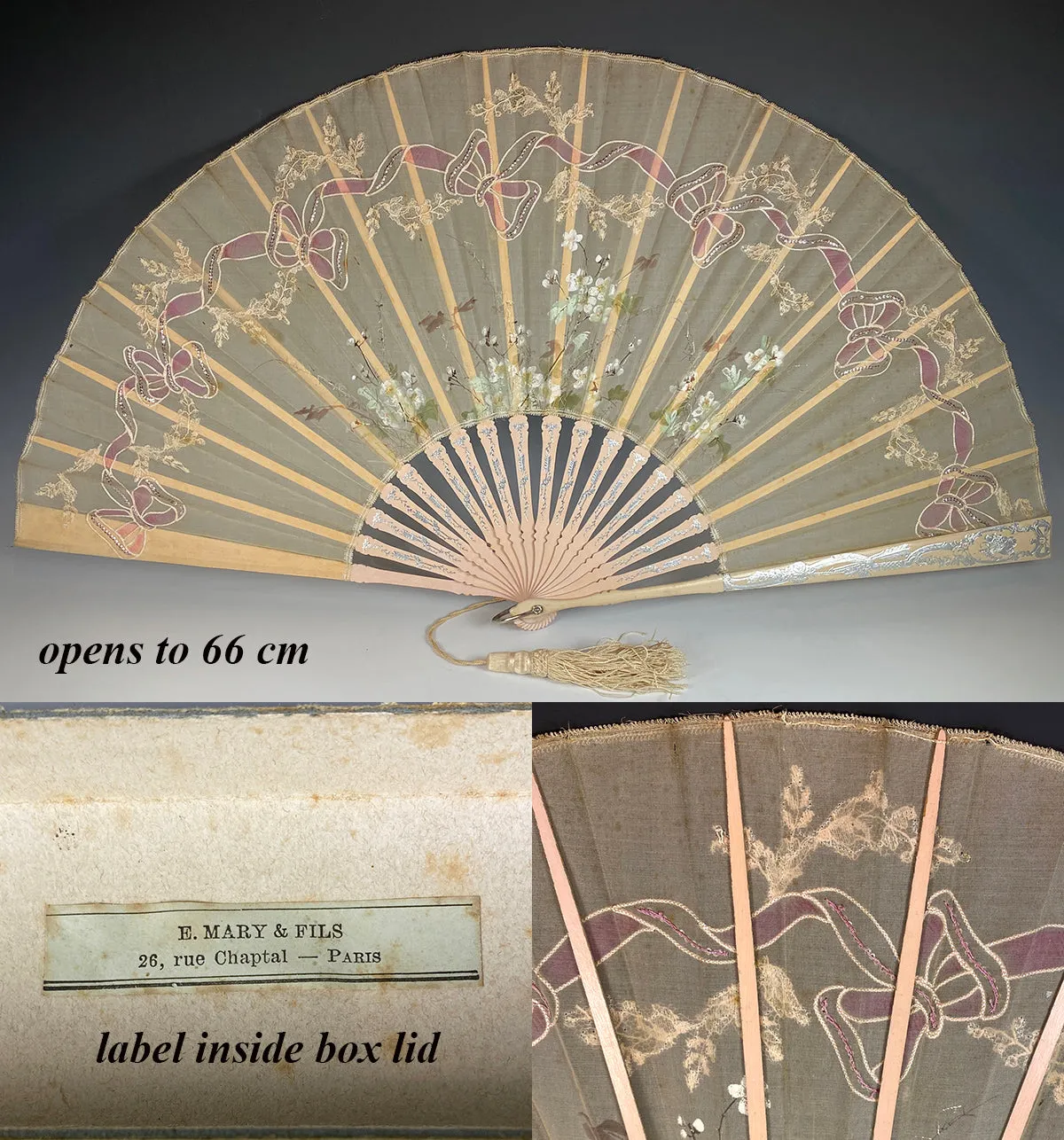 Antique French Painted Embroidered Silk Fan, 35.5 cm Wood Guards, Silver Embossed, Lace Inset & Sequins