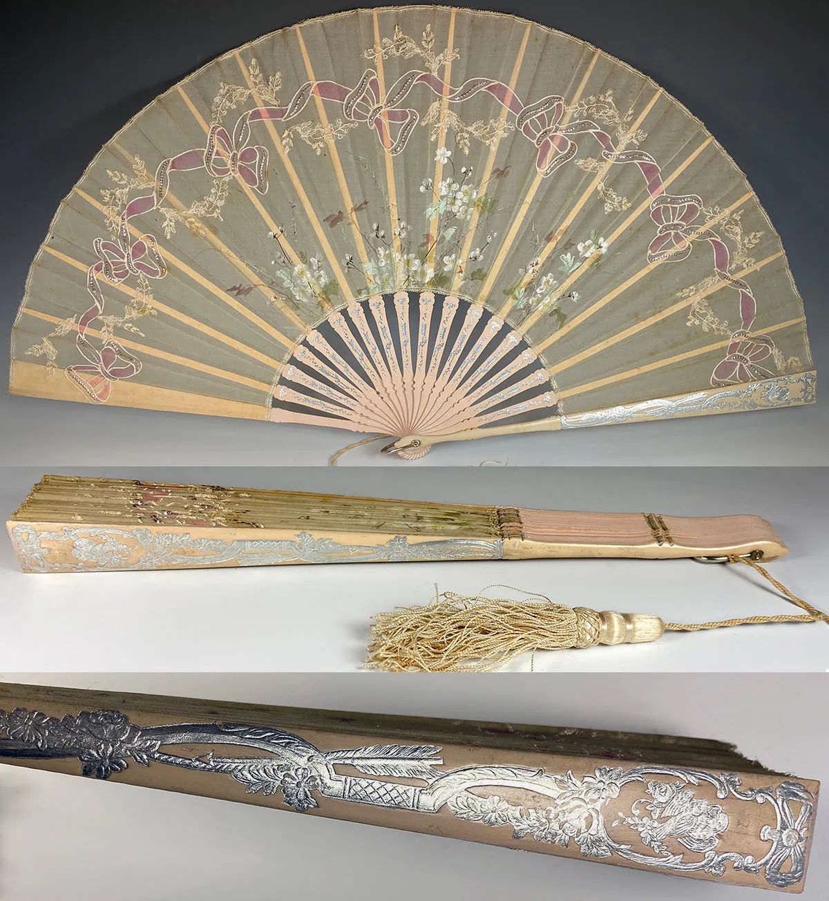 Antique French Painted Embroidered Silk Fan, 35.5 cm Wood Guards, Silver Embossed, Lace Inset & Sequins