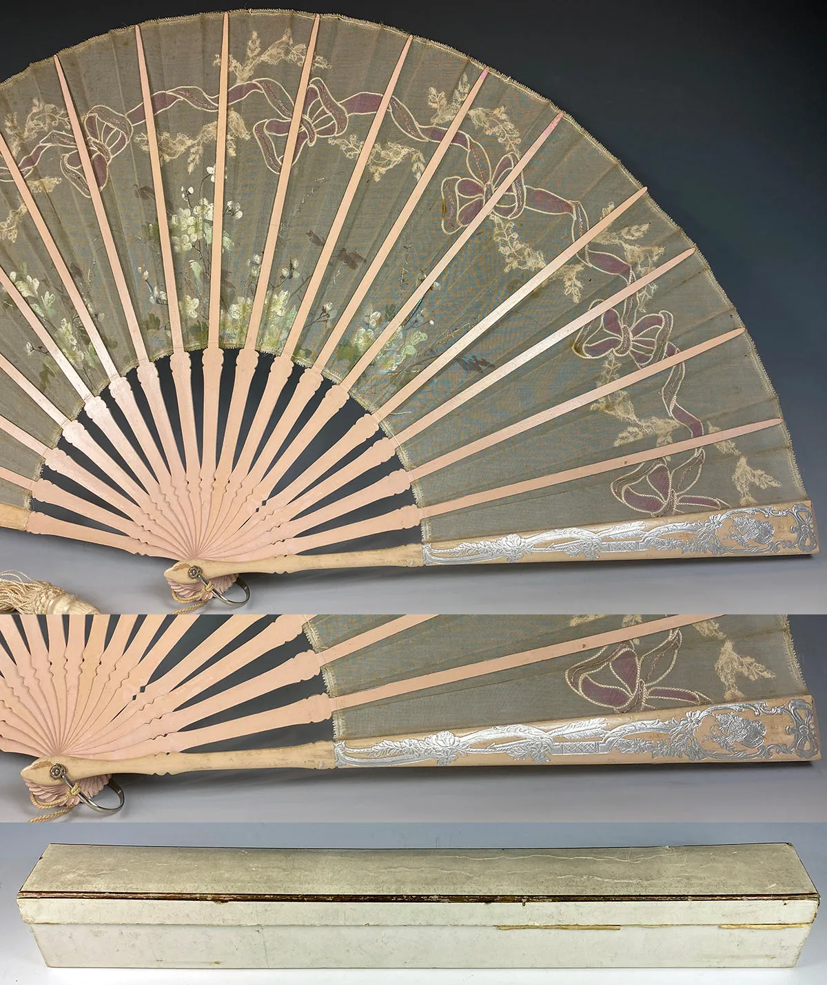 Antique French Painted Embroidered Silk Fan, 35.5 cm Wood Guards, Silver Embossed, Lace Inset & Sequins