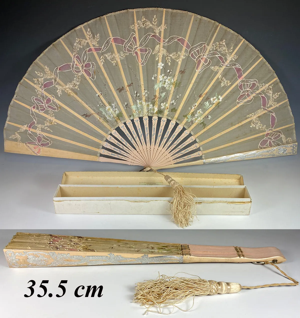 Antique French Painted Embroidered Silk Fan, 35.5 cm Wood Guards, Silver Embossed, Lace Inset & Sequins