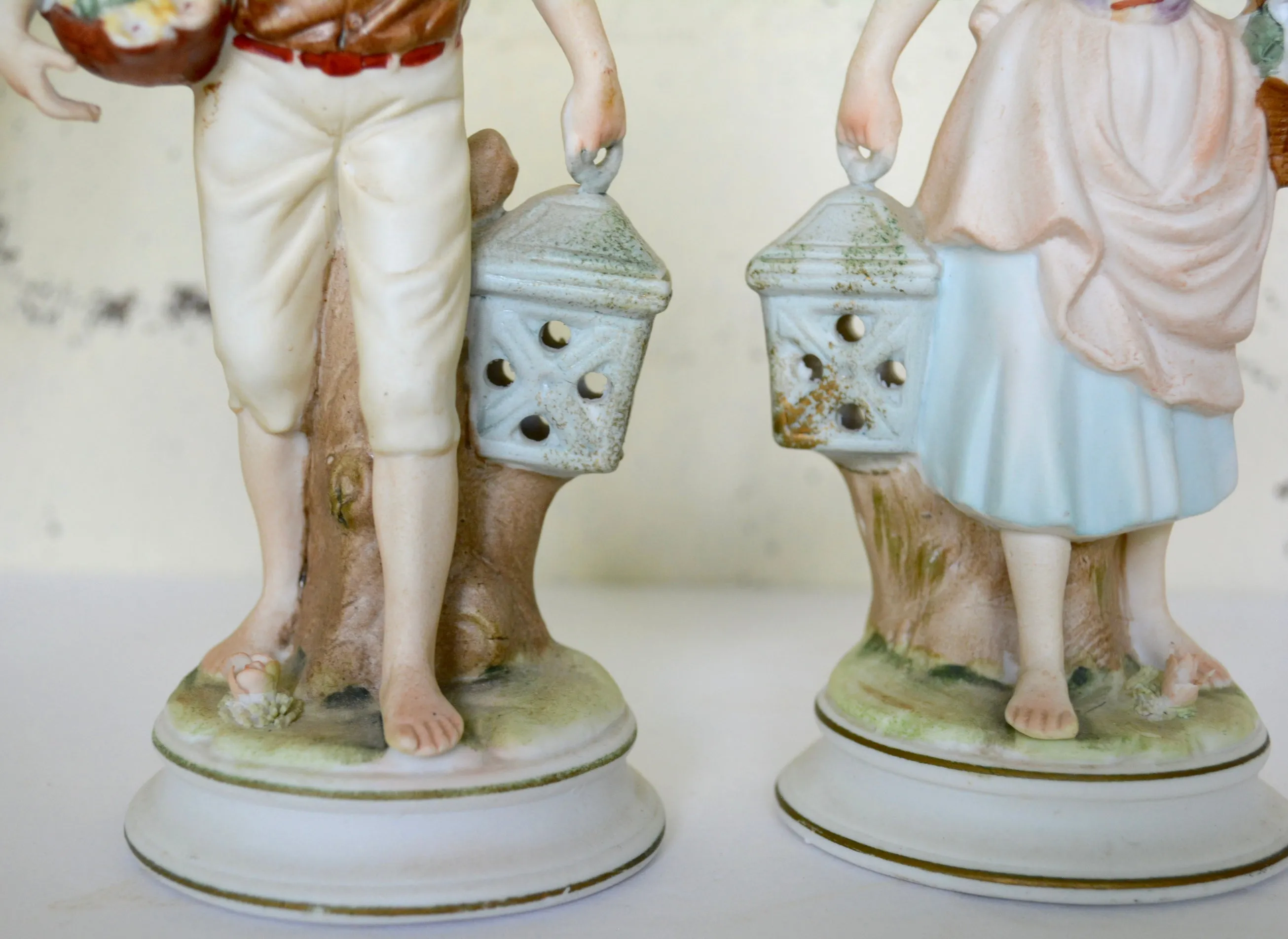 Antique Pair Figurines Boy & Girl w/ Baskets of Flowers Lanterns Birdcages Hand Painted